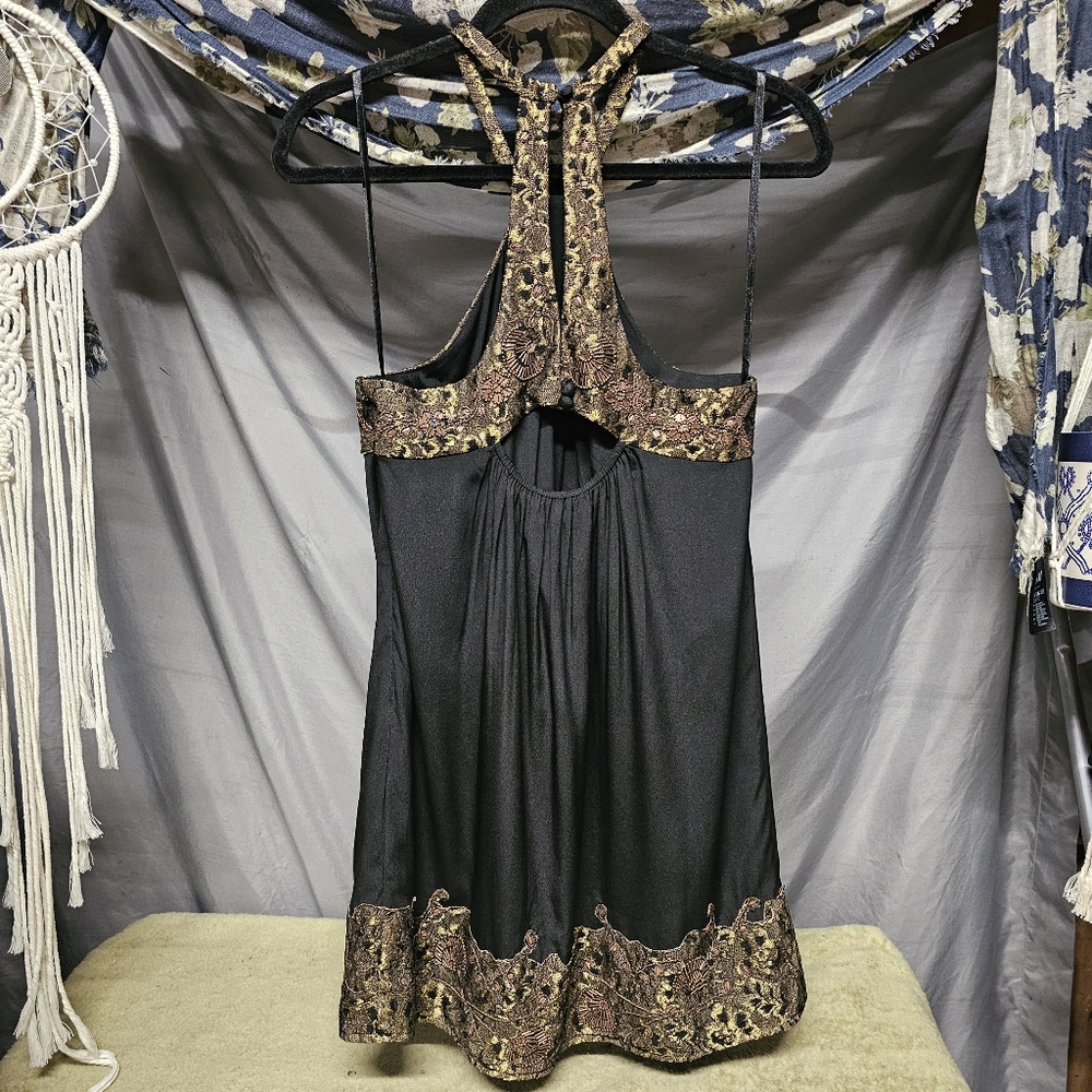 Free People Black & Gold Sequin Embroidered Lace Halter Style Mini Dress XS - Picture 5 of 15